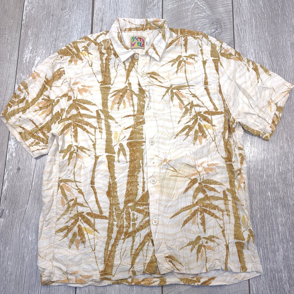 Jams World Button Up Mens Medium Tan Bamboo Print Rayon Aloha Shirt Hawaii